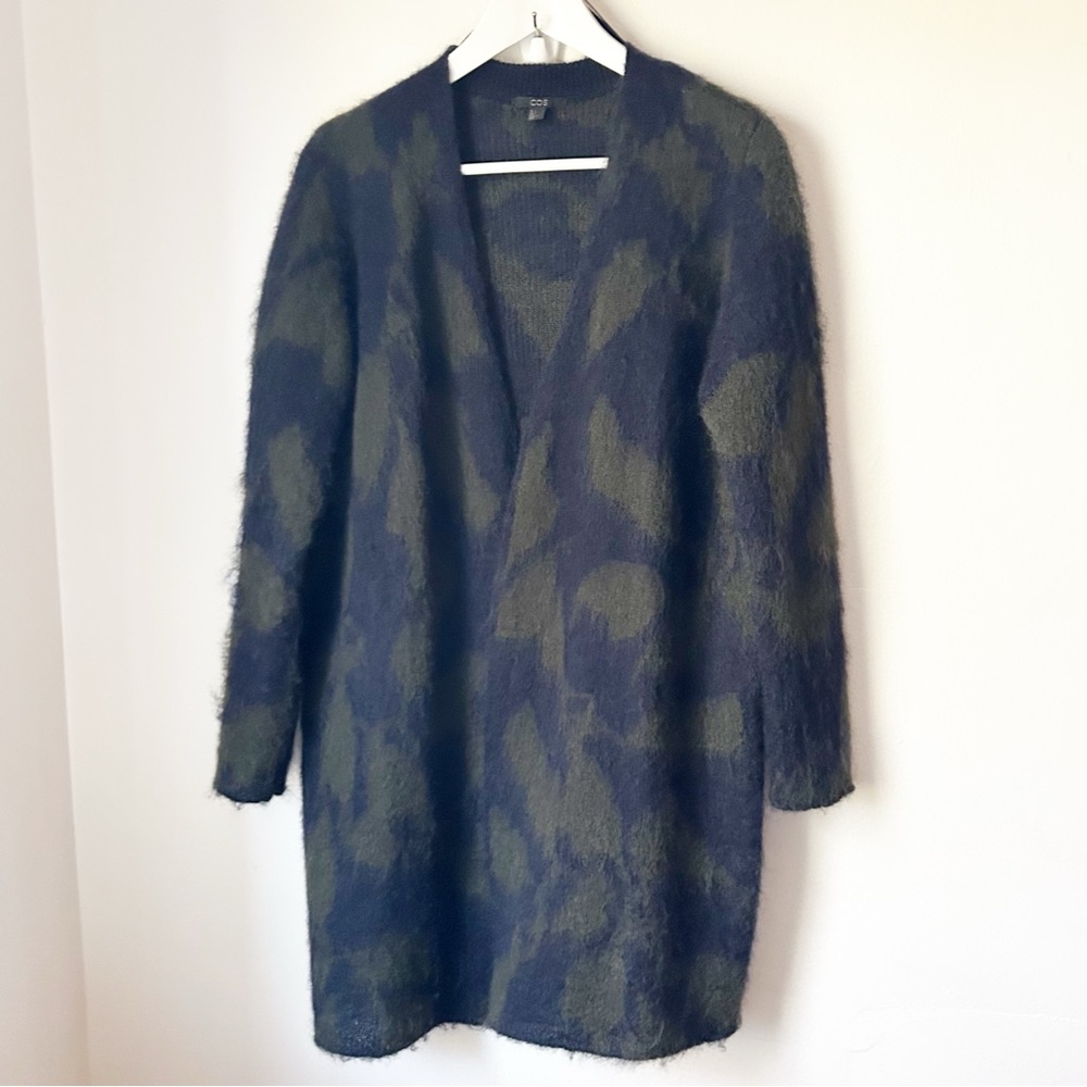 COS Navy & Green Open Front Cardigan Mohair Wool Blend Fuzzy - Size Small